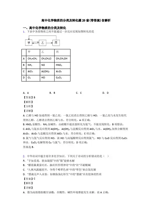 高中化学物质的分类及转化题20套(带答案)含解析