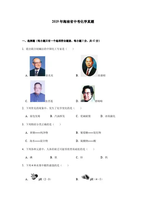 2019年海南省中考化学真题及解析