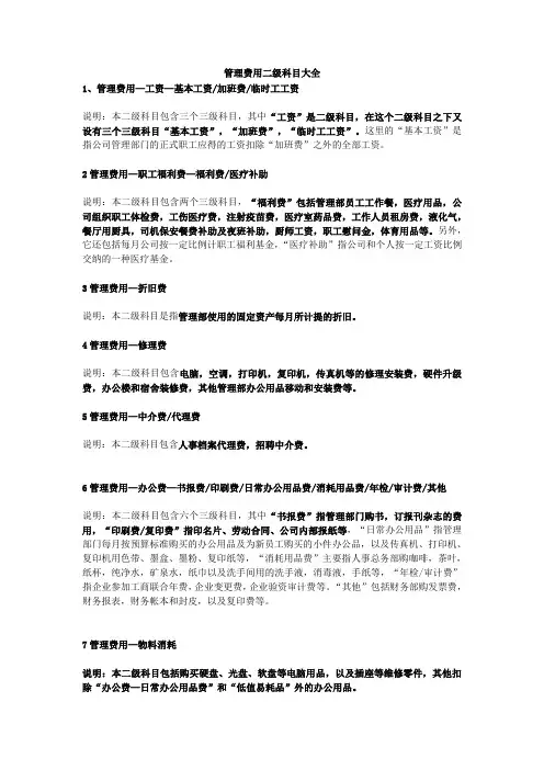 管理费用二级科目大全