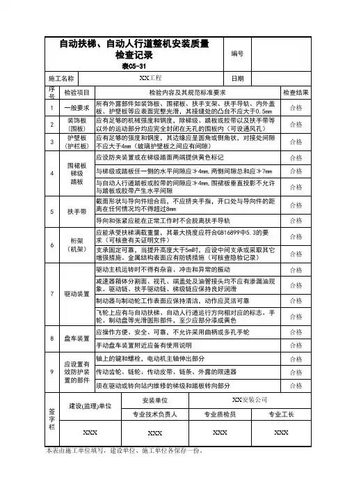 自动扶梯、自动人行道整机安装质量检查记录