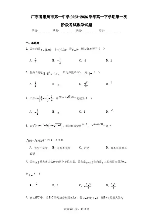 广东省惠州市第一中学2023-2024学年高一下学期第一次阶段考试数学试题