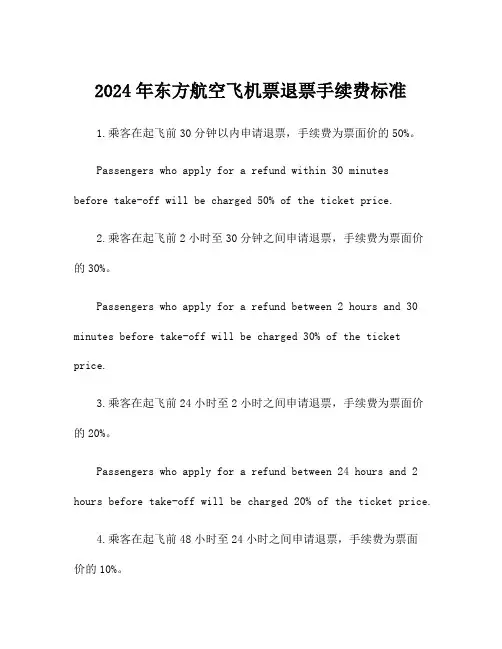 2024年东方航空飞机票退票手续费标准