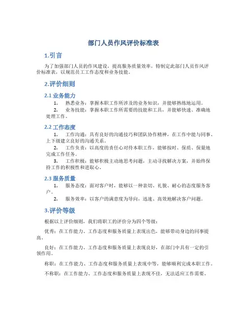 部门人员作风评价标准表