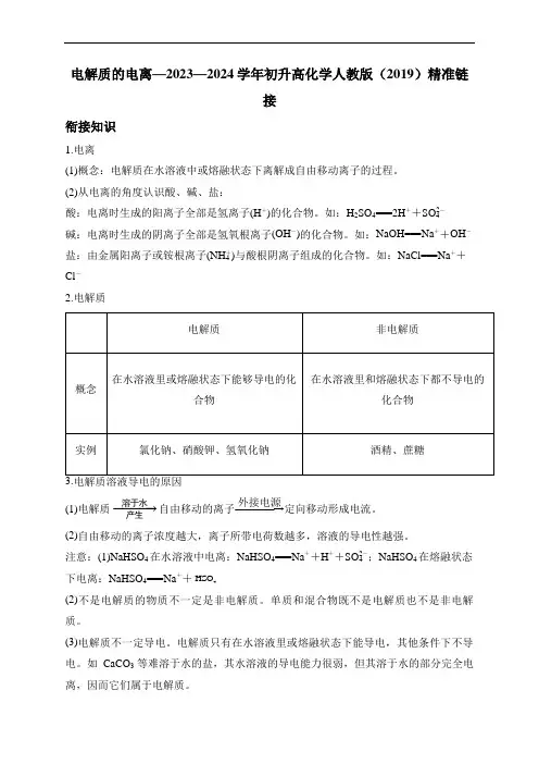 10电解质的电离—2023—2024学年初升高化学人教版(2019)精准链接