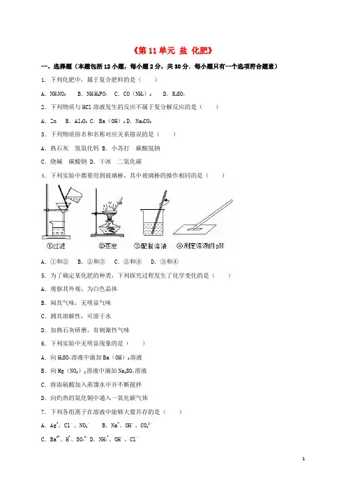 九年级化学下册《第11单元 盐 化肥》单元综合测试(含解析)(新版)新人教版