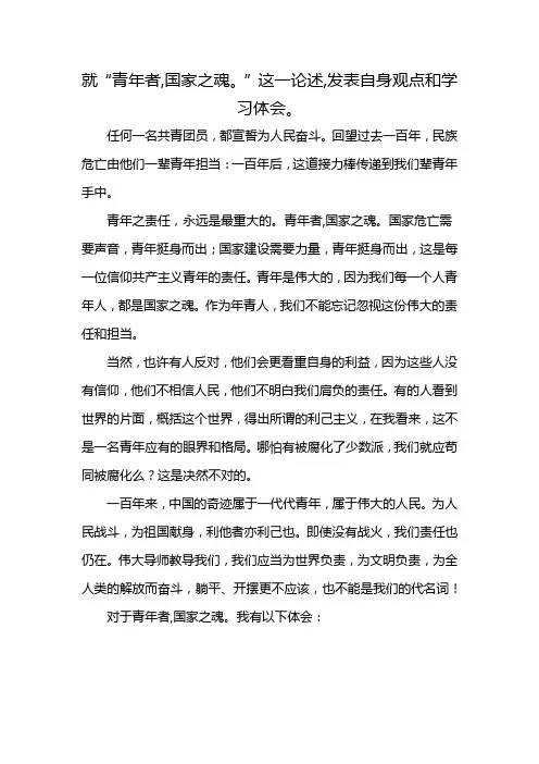 就“青年者,国家之魂。”这一论述,发表自身观点和学习体会。