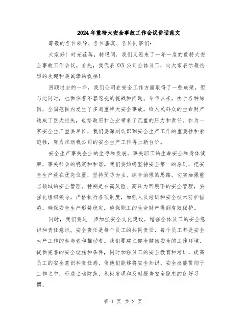 2024年重特大安全事故工作会议讲话范文