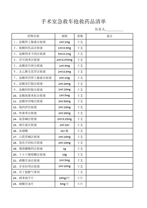 手术室急救车抢救药品清单