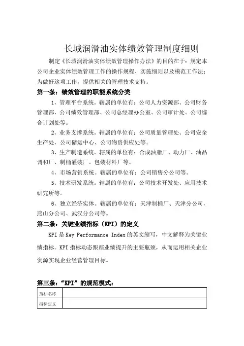 XX润滑油公司实体绩效管理制度细则