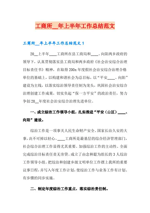 工商所2020年上半年工作总结范文