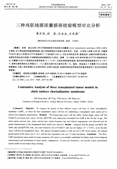 三种鸡胚绒膜尿囊膜移植瘤模型对比分析