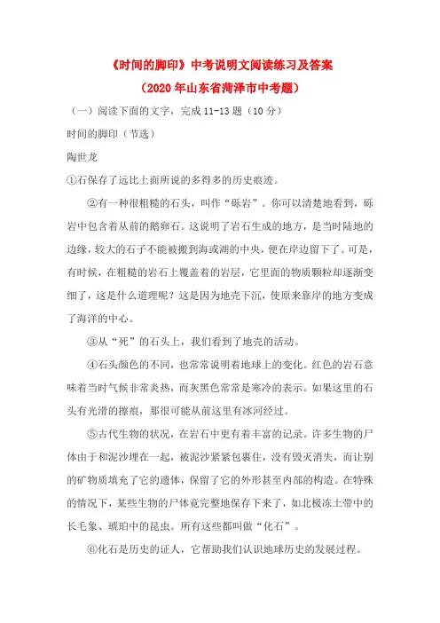 《时间的脚印》中考说明文阅读练习及答案(2020年山东省菏泽市中考题)