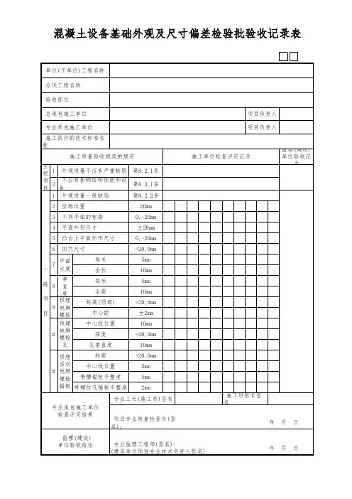 混凝土设备基础外观及尺寸偏差检验批验收记录表