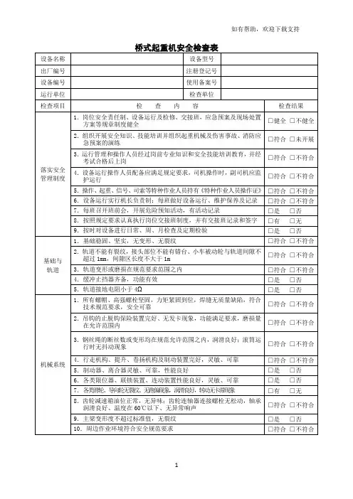 桥式起重机安全检查表