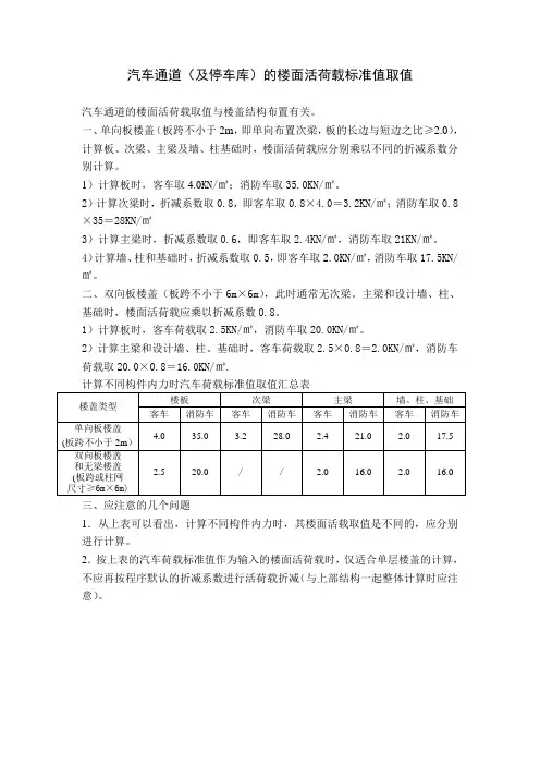 汽车通道(及停车库)的楼面活荷载标准值取值