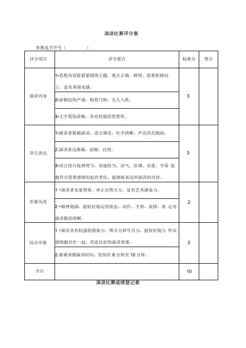 演讲比赛评分表计分表通用实用