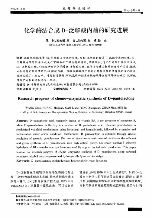 化学酶法合成D-泛解酸内酯的研究进展