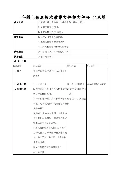 一年级上信息技术教案文件和文件夹_北京版