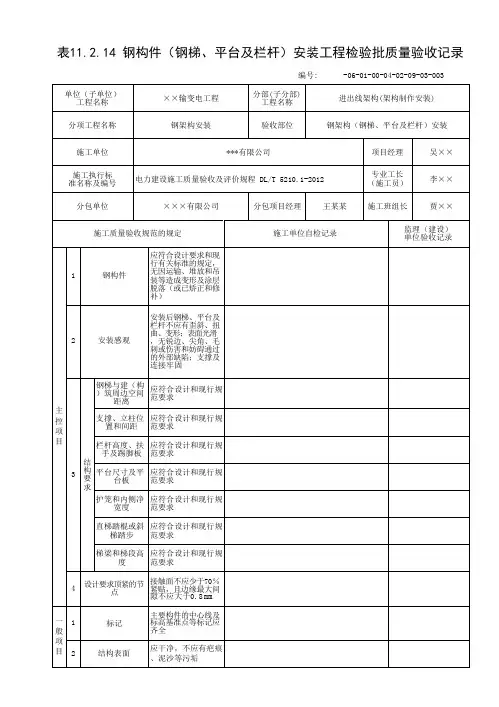 钢架构(钢梯、平台及栏杆)安装检验批质量验收表