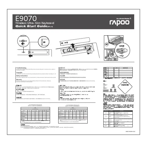 Rapoo E9070 无线超薄键盘 快速入门指南说明书
