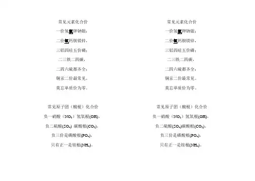 常见元素化合价