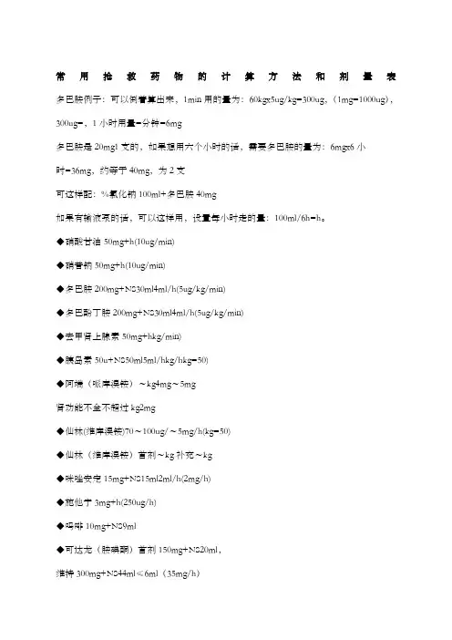 常用抢救药物的计算方法和剂量表