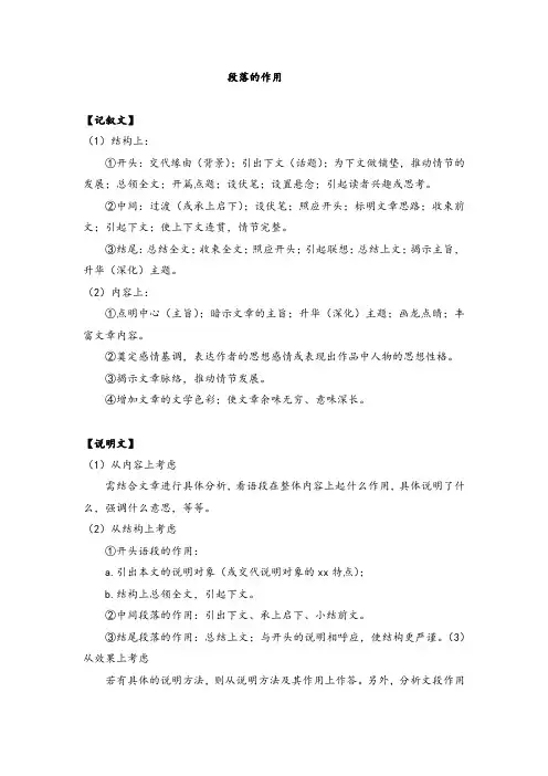 2023中考语文现代文阅读总复习“段落的作用”复习笔记