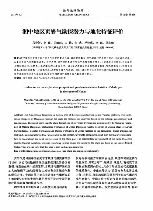 湘中地区页岩气勘探潜力与地化特征评价