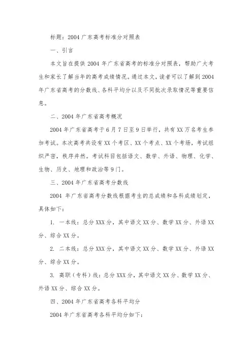 2004广东高考标准分对照表