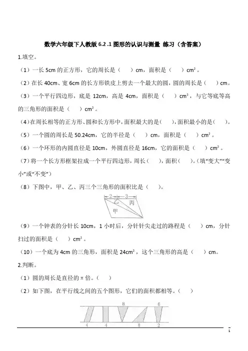 数学六年级下人教版6.2.1图形的认识与测量 练习(含答案)