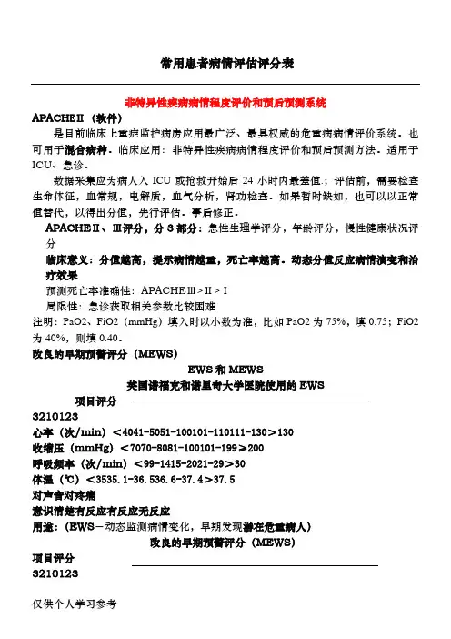常用患者病情评估评分表