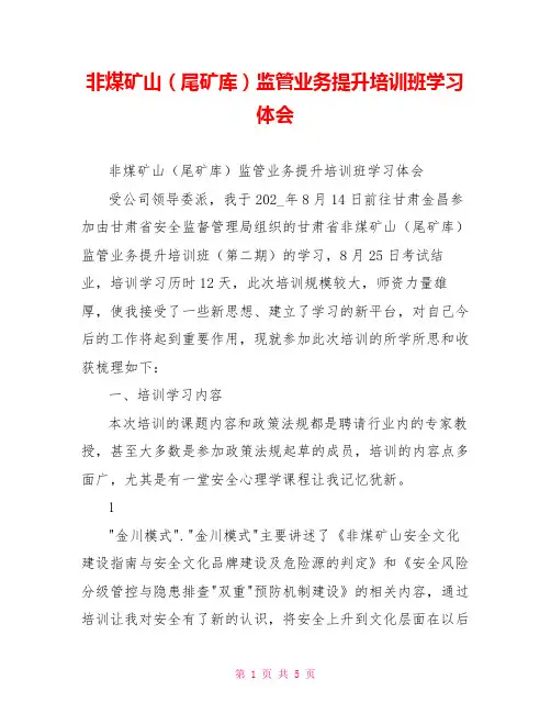 非煤矿山(尾矿库)监管业务提升培训班学习体会