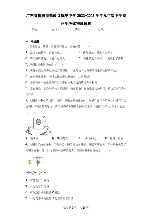 广东省梅州市蕉岭县镇平中学2022-2023学年九年级下学期开学考试物理试题