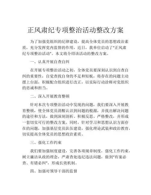 正风肃纪专项整治活动整改方案