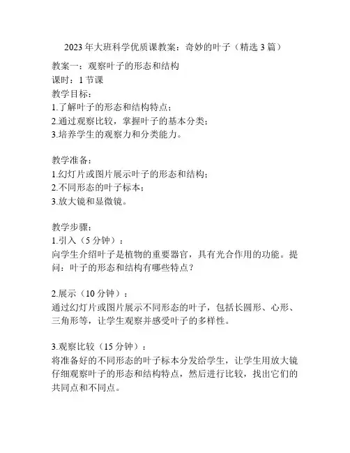 2023年大班科学优质课教案：奇妙的叶子(精选3篇)