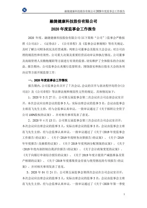 300247融捷健康：2020年度监事会工作报告