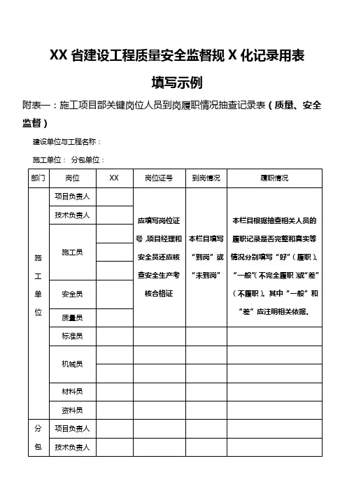 建设工程质量安全监督规范化记录用表填写示例- 附表一： 施工