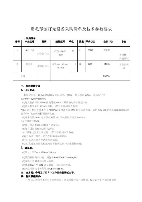羽毛球馆灯光设备采购清单及技术参数要求