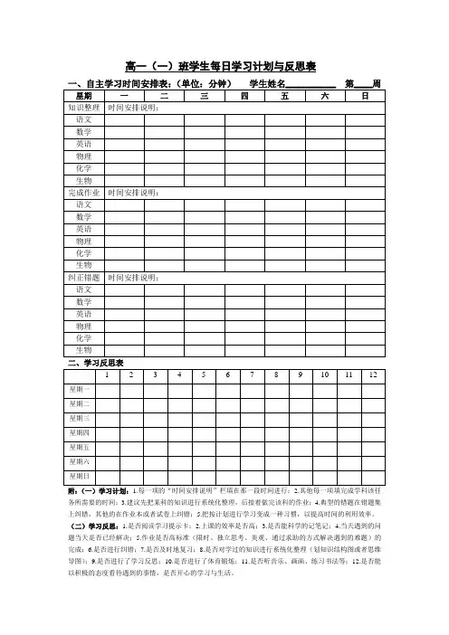 高一(一)班学生学习计划表