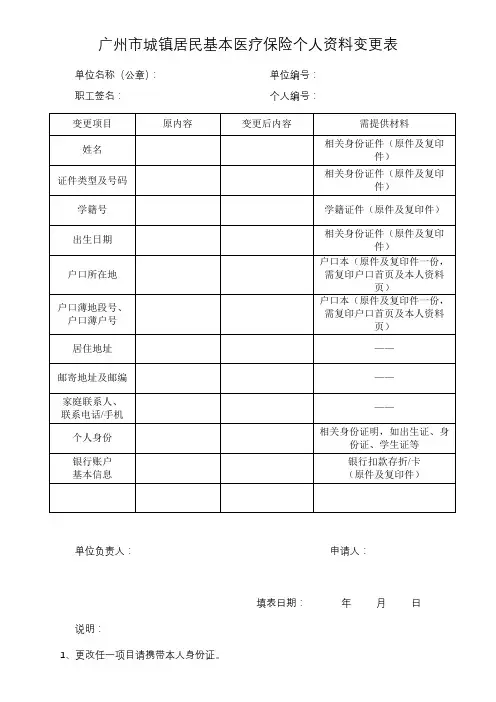 广州市城镇居民基本医疗保险个人资料变更表【模板】