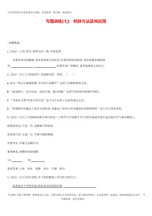 2019年中考语文总复习二积累与运用专题训练07修辞方法及其运用
