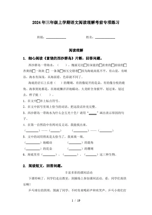 2024年三年级上学期语文阅读理解考前专项练习
