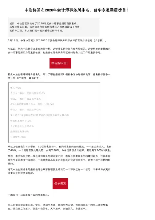 中注协发布2020年会计师事务所排名，普华永道霸居榜首！