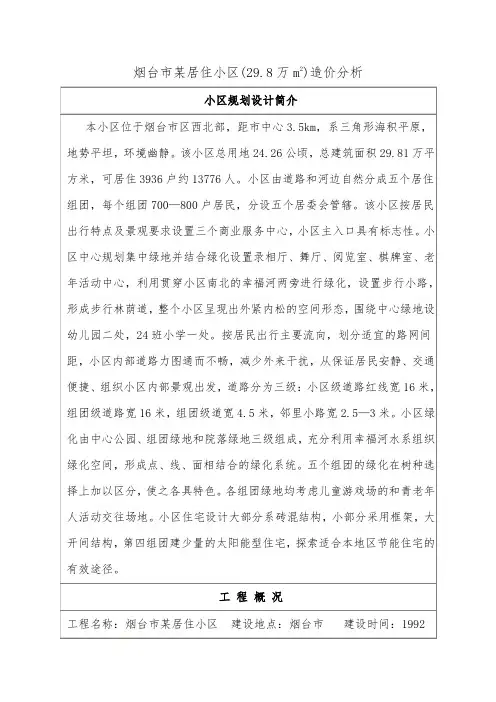 烟台市某居住小区(29.8万m2)造价分析