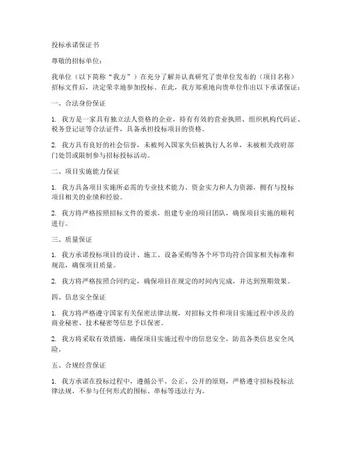 投标承诺保证书范文模板