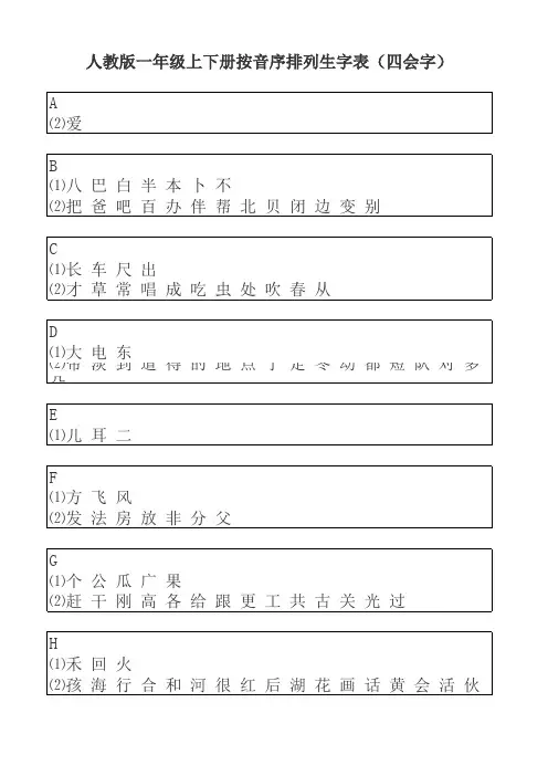 人教版一年级上下册四会字(按拼音排序)
