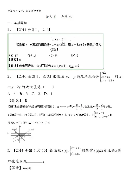 2017高考十年高考文数分项版(新课标1专版)专题07 不等式(解析版) 含解析
