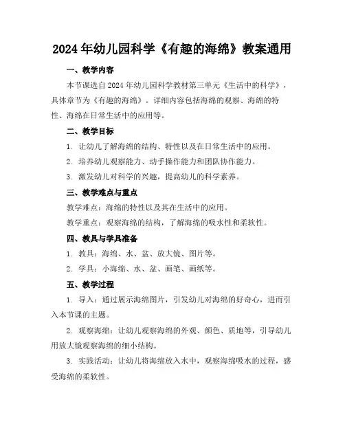 2024年幼儿园科学《有趣的海绵》教案通用