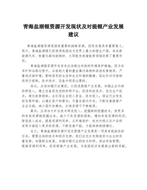 青海盐湖锂资源开发现状及对提锂产业发展建议
