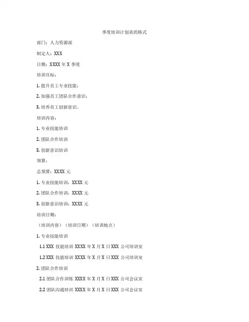 季度培训计划表的格式